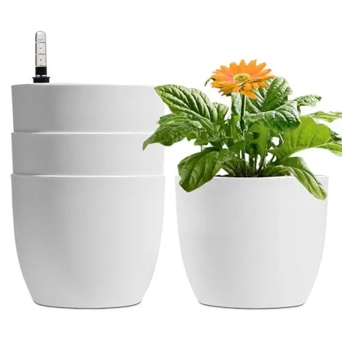 Produktbild: T4U 15cm Selbstwässernder Blumentopf mit Wasseranzeiger Weiß Blumentopf Set 4er-Set, Selbstbewässerung Wasserspeicher Pflanzgefäß Übertopf für Innen- und Außenbereich