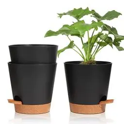 Produktbild: T4U 16,5cm Kunststoff Blumentopf mit Bewässerungssystem, 3er-Set Selbstbewässerung Übertopf mit Untersetzer, Rund Pflanzkübel für Innen und Balkon Garten Pflanzen Sukkulenten Kaktus, Schwarz