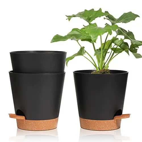 Produktbild: T4U 16,5cm Kunststoff Blumentopf mit Bewässerungssystem, 3er-Set Selbstbewässerung Übertopf mit Untersetzer, Rund Pflanzkübel für Innen und Balkon Garten Pflanzen Sukkulenten Kaktus, Schwarz