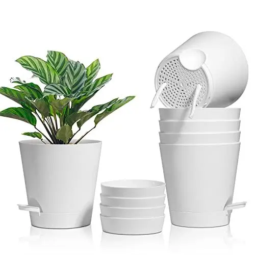 Produktbild: T4U 16,5cm Kunststoff Blumentopf mit Bewässerungssystem, 6er-Set Selbstbewässerung Übertopf mit Untersetzer, Rund Pflanzkübel für Innen und Balkon Garten Pflanzen Sukkulenten Kaktus, Weiß