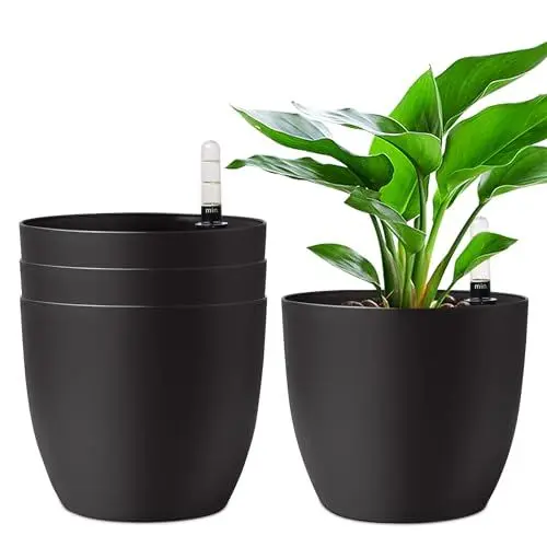 Produktbild: T4U 18cm Selbstwässernder Blumentopf mit Wasseranzeiger Schwarz 4er-Set, Selbstbewässerung Wasserspeicher Pflanzgefäß Übertopf für Innen- und Außenbereich