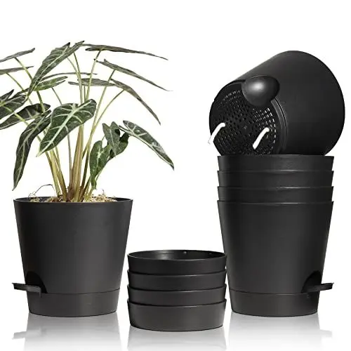 Produktbild: T4U 20cm Kunststoff Blumentopf mit Bewässerungssystem, 6er-Set Selbstbewässerung Übertopf mit Untersetzer, Rund Pflanzkübel für Innen und Balkon Garten Pflanzen Sukkulenten Kaktus, Schwarz