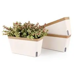 Produktbild: T4U 27cm Selbstwässernder Blumenkasten Kräutertopf mit ERD-Bewässerungs-System Braun 3er-Set Kunststoff Blumentopf Pflanzgefäß Rechteck für Küche Balkon Fensterbank