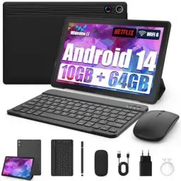 Produktbild: Tablet 10 Zoll 8-in-1 Kit Android 14 Tablet PC mit Hülle Tastatur Maus Stift Kopfhörer Netzstecker Kabel Octa-Core 12 GB RAM 64 GB ROM 1TB TF Erweiterbar 1280x800 IPS Touchscreen 5000 mAh (Schwarz)