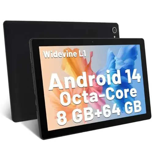 Produktbild: Tablet 10 Zoll Android 14 Octa-Core 8 GB RAM 64 GB ROM (1 TB TF) 1280x800 IPS Touchscreen GMS-zertifizierter Tablet-PC 2,4 GHz / 5 GHz WiFi Bluetooth 5,3 Widevine L1 Dual-Kamera-Lautsprecher (Schwarz)