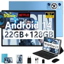 Produktbild: Tablet 10 Zoll Android 14 Mit Tastatur, Octa-Core 2.0Ghz, 5G+2.4G WLAN, 22GB RAM+128GB ROM TF 1TB, 8000mAh, BT 5.0, GPS, Widevine L1, Gesichtserkennung, 1280*800, 8+5MP, Tablet mit Maus, Blau