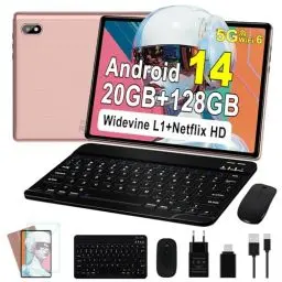 Produktbild: Tablet Android 14 10 Zoll Ultraschnelles PC mit Widevine L1, 5G WiFi 6 Octa-Core | 20GB RAM + 128GB ROM (TF 1TB) | FHD IPS | Doppelkamera, Bluetooth 5.0,2025 Neueste Tablet mit Tastatur und Maus, Rose