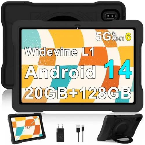 Produktbild: Kinder Tablet 10 Zoll Android 14 mit 5G WiFi 6, Octa-Core, 20GB RAM + 128GB ROM (TF 1TB), Widevine L1,Kinder Pädagogische IWawa App, Kindersicherung, 6000mAh, 1280 * 800, BT 5.0, Tablet Kinder Schwarz