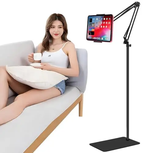 Produktbild: Tablet Bodenständer, Tablet Halterung mit Heavy Duty Base, um 360 Grad drehbar mit Stabilem Metall arm für iPad, Tablets, iPhone oder Andere Geräte mit 4,5 bis 13 Zoll Bildschirm