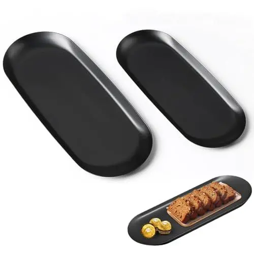 Produktbild: Tablett Schwarz, 2 Stück Kleines Tablett, Edelstahl Serviertablett Kerzentablett Oval Ablageschale Deko Tablett Schwarz für Kosmetik Dessert Kerzen(2 Größen)
