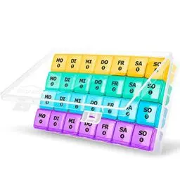 Produktbild: Tablettenbox Monat 28 Tage Pillendose, Große Tablettenbox Monat Medikamentenbox mit 7 Fächer für 4 Wochen für Die Nahrungsergänzungsmittel, Vitamine und FischöLe (Regenbogen)