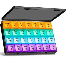 Produktbild: Tablettenbox Monat 28 Tage Pillendose, Medikamentenbox mit 7 Fächer für 4 Wochen für Wöchentlicher Vitamin-Organizer, Nahrungsergänzungsmittel, Fischöl (Farbenfroh)