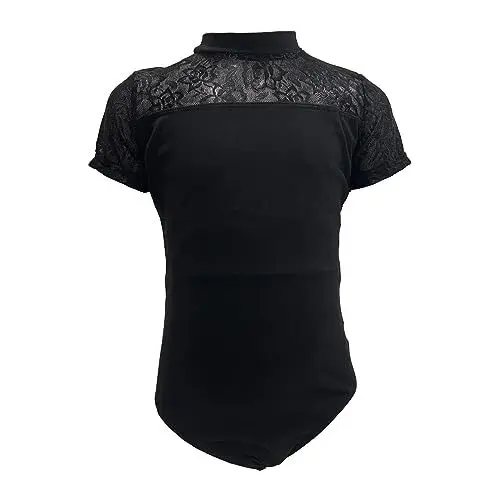 Produktbild: TACKTIMES Mädchen High Neck Floral Lace Cutout Back Kinder Leotard Kurzarm Ballett Tanz Gymnastik Athletic Bodysuit Tanktops (Schwarz, 120)