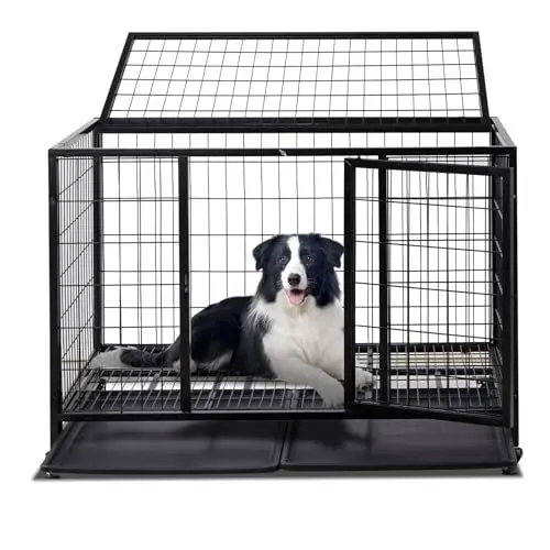 Produktbild: TactFire Hundekäfig hochbelastbar, Mobile Hundebox – 109x76x87 cm, 2 Türen, feststellbare Räder, herausnehmbares Tablett – Für Mittelgroße/Große Hunde – Schwarz