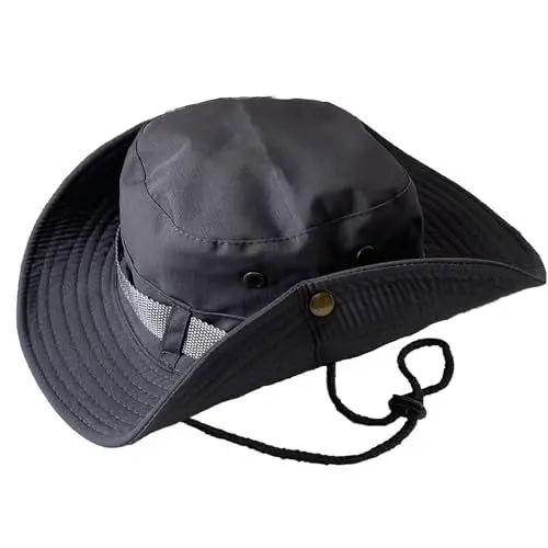 Produktbild: Taeku Buschhut Herren Damen Mesh Bucket Boonie Hat Breite Krempe Sonnenhut mit Kinnband Fischermütze Outdoor Angelhut (Grau)