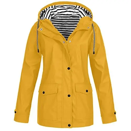 Produktbild: TAELU Wasserdichter Regenmantel Damen, Regenjacke Regenjacke Damen Atmungsaktiv Reißverschluss Auskleidung Kapuze Jacken mit Taschen Einfarbig Gefütterte Regenjacke Regenjacken für Damen (Gelb,5XL)