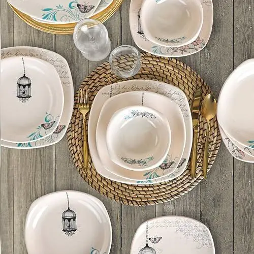 Produktbild: Tafelservice (24-teilig) aus Steingut in Creme, Blau und Schwarz