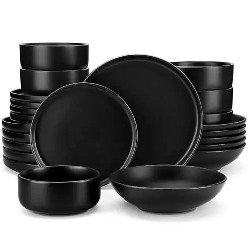 Produktbild: Tafelservice 6 Personen, vancasso PLAYA 24tlg Geschirrset aus Steingut, Teller Set Schwarz, Suppenteller Set, Schalen Set, Geschirr Kombiservice Set Schwarz