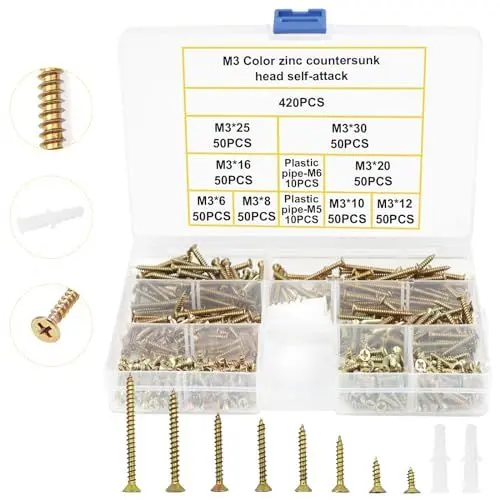 Produktbild: TAIANJI Schrauben Set, 420 Stücke Selbstschneidende Schrauben Holzschrauben mit Dübel, Gemischten Schrauben Sortiment M3 für Reparaturen
