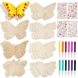 Produktbild: TAIHOBO 24 Stück Holz Kindergeburtstag Basteln, Schmetterling Basteln Kindergeburtstag Kreativsets, Bastelset Kindergeburtstag Spiele mit Edelsteinaufkleber Aquarellstift, Bastelsets für Kinder DIY