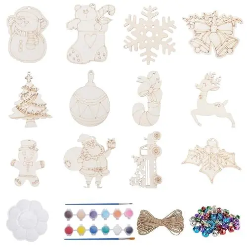 Produktbild: TAIKOUL 60PC Holzanhänger zum Bemalen Wastelset Weihnachten Weihnachtsbaum Holzanhänger Bastelset Weihnachten Christbaumschmuck zum bemalen Ornamenten für Weihnachtsbaum Holz Weihnachtsdeko Anhänger