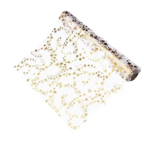 Produktbild: TAIKOUL Runner Natalizio 28 cm x 5 m Weihnachtsdeko Tisch Tischläufer Sterne Organza Stoff Tischläufer Weihnachten für Tischdeko Weihnachten Weihnachten Adventszeit（Rose Gold Gold）