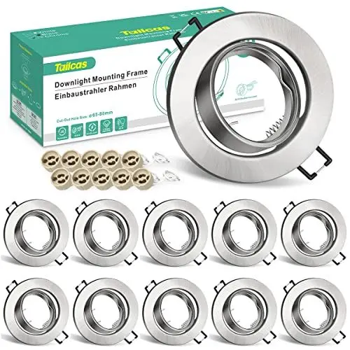Produktbild: 10er Einbaustrahler GU10 Set Einbaurahmen Nickel Gebürstet , Rund Schwenkbar LED Spot Einbaurahmen 230V, Deckenspots GU10 Rahmen Einbaulochmaße 65mm, inkl.GU10 Fassung für LED/Halogen Leuchtmittel