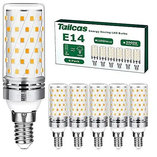 Produktbild: Tailcas E14 LED Warmweiss Birne, 3000K 1000LM 12W E14 Lampe, Ersatz für 100W Glühlampe, Nicht Dimmbar Kein Flackern Energiesparlampe, AC 220-240V Kleine Edison-Schraube Kerze Leuchtmittel (6er-Pack)
