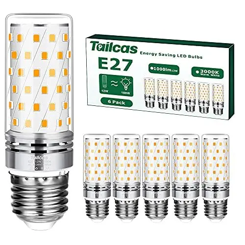 Produktbild: Tailcas E27 LED Warmweiss Birne, 3000K 1000LM 12W E27 Lampe, Ersatz für 100W Glühlampe, Nicht Dimmbar Kein Flackern Energiesparlampe, AC 220-240V Edison Schraube Kerze Leuchtmittel (6er-Pack)