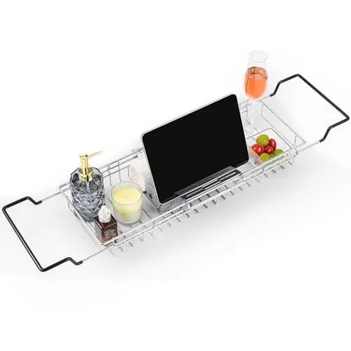 Produktbild: TAILI Badewannenablage aus Rostfreie Stähle, Retractable Bathtub Tray Verstellbares Badewannenbrett für Ipad und Bücher Badewannentablett mit Getränkehalter, Buchstütze und Weinglas