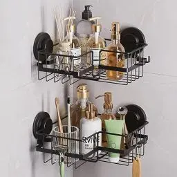 Produktbild: TAILI Duschablage Ohne Bohren,Einstellbar Ecke Dusche Caddy Saugnapf 2er Set Dusche Zubehör mit Haken Rostfrei Schwarz Duschregal Organisator für Küche Badezimmer