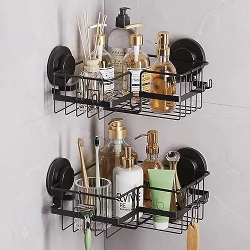 Produktbild: TAILI Duschablage Ohne Bohren,Einstellbar Ecke Dusche Caddy Saugnapf 2er Set Dusche Zubehör mit Haken Rostfrei Schwarz Duschregal Organisator für Küche Badezimmer