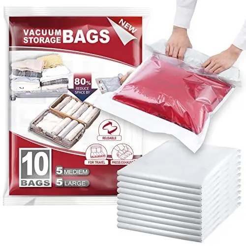 Produktbild: TAILI Vakuumbeutel für Kleidung Reise 10 Stück in 2 Größen 70 x 45 CM, 60 x 40 CM Vakuumbeutel Set Reise Wiederverwendbar und Leicht zu Tragen Vakuumierbeutel für Rucksack zum Rollen