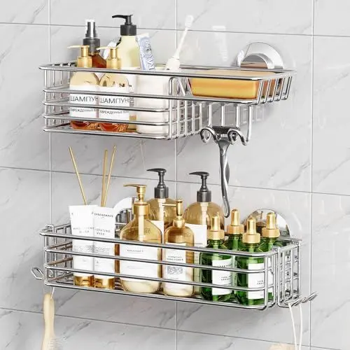 Produktbild: TAILI Rostfrei Duschablage Badregal Ohne Bohren Duschablage Saugnapf Dusche Caddy Saugnapf Dusche Zubehör mit Haken & Seifenhalter Duschregal Organisator für Küche Badezimmer 2 Stück, Silber