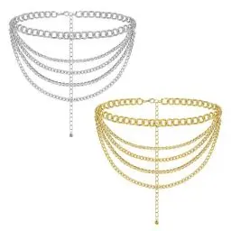 Produktbild: Taillenkette Damen, 2 Stück Verstellbare Kettengürtel Mehrschichtige Bauchkette Metallgliedergürtel Taillenkettengürtel Party Körperschmuck Dünne Taille Gürtel (Gold, Silber)