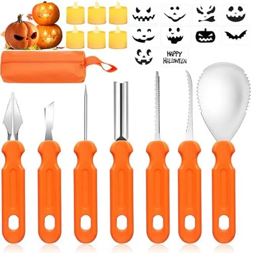 Produktbild: TaimeiMao Halloween Kürbis Schnitzset,6 Stück Edelstahl Kürbis Schnitzwerkzeug mit 6 LED Kerzen,10 Schnitz Vorlagen und Aufbewahrungstasche,Kürbis Schnitzen Kürbis Carving Set