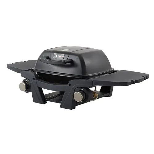 Produktbild: TAINO MAHTO Gasgrill klein Tischgrill Balkongrill Gas 2 Brenner Gusseisen-Rost Outdoorküche Seitentische Schwarz