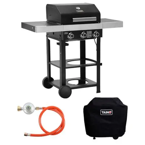 Produktbild: TAINO WABAYA 3+0 Gasgrill Grillwagen 3 Brenner Keramik Sear-Burner Piezo-Zündung Thermometer Warmhalterost Schwarz Matt mit Abdeckhaube