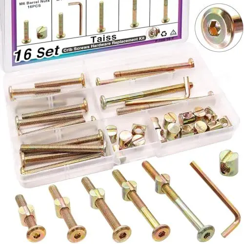 Produktbild: Taiss 16 Stück goldene Möbelschraube mit Zylindermuttern Set M6x40mm/50mm/60mm/70mm/80mm Babybett Schrauben, Bettschraube sechskant Kit,Flachkopfschrauben M6, hülsenschrauben für Babybetten.
