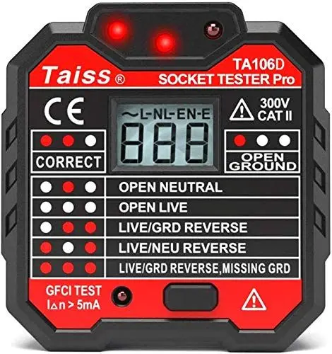 Produktbild: Taiss/Stromprüfer,Steckdosenprüfgerät mit Spannungsanzeige LCD Display 48-250V Automatischer Stromkreis Polaritätsspannungsdetektor Wandstecker Unterbrecher TA106D