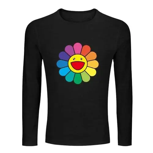Produktbild: Takashi Murakami Flower Men's 100% Cotton Tee Crewneck Unisex Long Sleeve T-Shirt Black XXXL