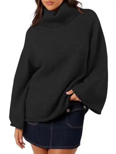 Produktbild: TAKEYAL Women Sweater Turtleneck Bell Long Sleeve Pullover Top 2024 Fall Winter Oversized Knit Casual Trendy Tops Black Small