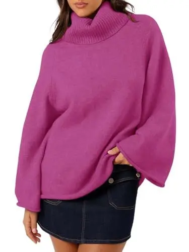 Produktbild: TAKEYAL Women Sweater Turtleneck Bell Long Sleeve Pullover Top 2024 Fall Winter Oversized Knit Casual Trendy Tops Rose XX-Large