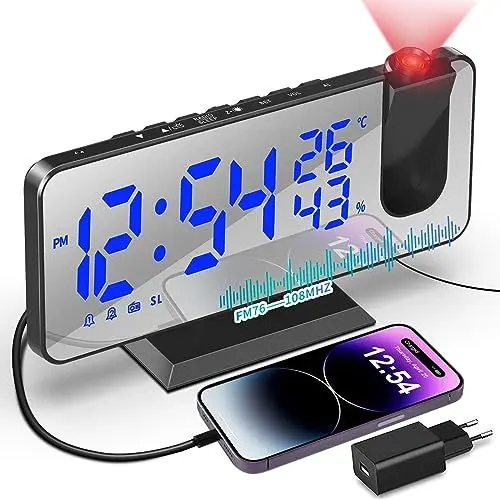 Produktbild: TAKRINK Projektionswecker Radiowecker mit 4 Stufen Bildschirmhelligkeit Digitalwecker mit Temperatur Wecker mit Projektion Dual-Alarm 12 / 24H USB-Anschluss
