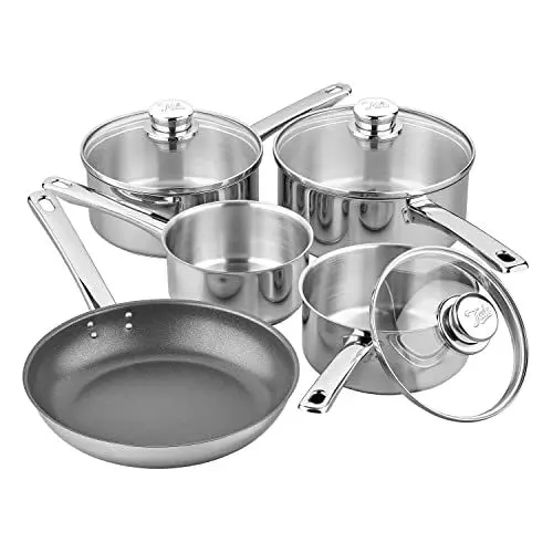 Produktbild: Tala Performance 5-teiliges Kochgeschirr-Set aus Edelstahl mit Töpfen und Glasdeckeln, 16, 18 und 20 cm, 14 cm Milchpfanne, 24 cm Antihaft-Bratpfanne, 5-teiliges Set, poliert, glänzend