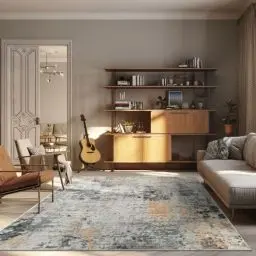 Produktbild: TALETA Teppich Wohnzimmer, waschbarer Teppich Kurzflor, Moderner Teppich für Schlafzimmer, Küche, Esszimmer, Grauer Teppich mit schwarz-goldenem Muster, Groß: 120x170cm