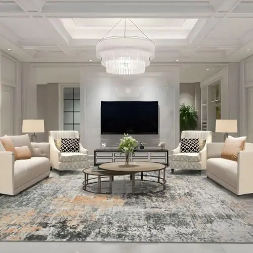 Produktbild: TALETA Teppich Wohnzimmer, waschbarer Teppich Kurzflor, Moderner-Teppich für Schlafzimmer, Küche, Esszimmer, Grauer-Teppich mit schwarz-goldenem Muster, Groß: 240x340cm