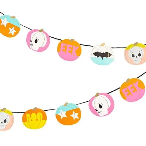 Produktbild: Talking Tables Fröhliche Halloween-Party-Dekoration – 3 m Papiergirlande mit niedlichen Kürbissen, Fledermäusen, Totenköpfen | Orange Wimpel hängende Fahne