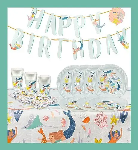 Produktbild: Talking Tables Meerjungfrau Party Dekorationen und Geschirr, 50-teiliges Bündel mit Happy Birthday wiederverwendbare Wimpelkette, 16 x Servietten, Becher, Pappteller, Einweg-Tischdecke