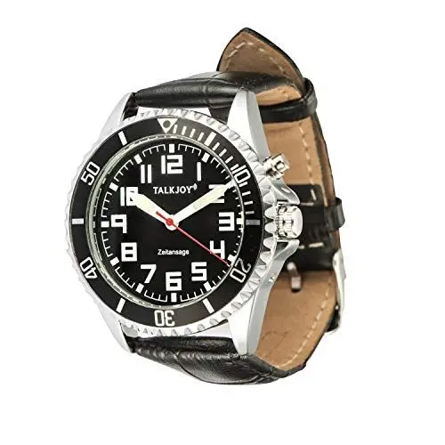 Produktbild: TalkJoy Profi Black Herren Sprechende Armbanduhr Leder Uhr Blindenuhr schwarzes Ziffernblatt Seniorenuhr